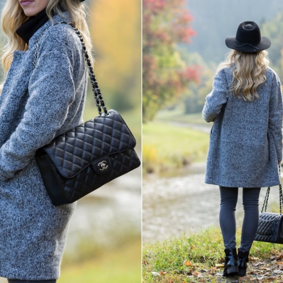 Authentic CHANEL Classic Double Flap Bag Jumbo Black Lamb Leather Silver Box - Picture 2 of 16